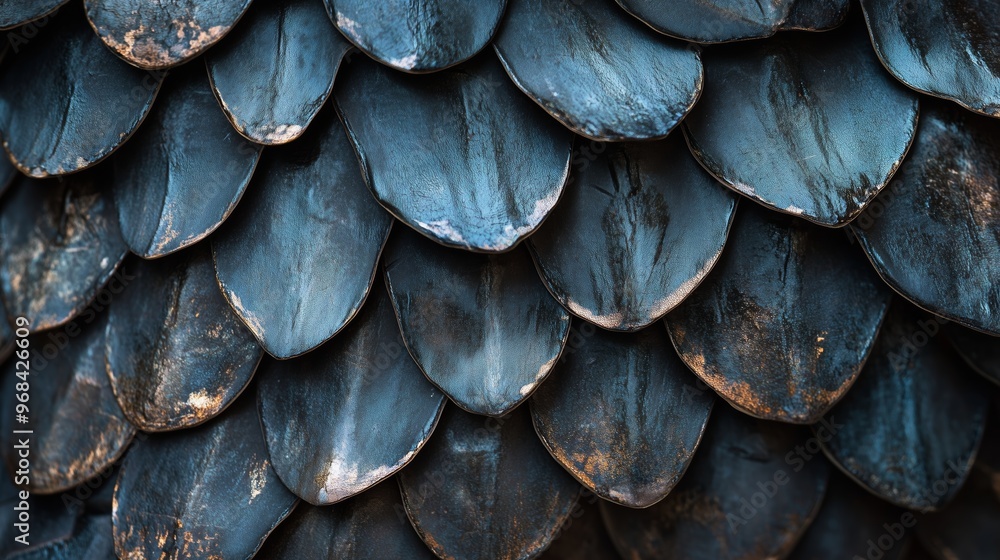 Poster intricate detail of dark blue scales arranged in overlapping patterns for artistic texture and depth