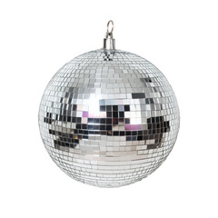 Fototapeta premium Silver disco ball with mirrored tiles reflecting light, isolated on a transparent background