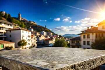 Obraz premium Empty stone or marble tabletop or counter with display product with blured city, town, outdoor background.