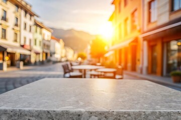 Fototapeta premium Empty stone or marble tabletop or counter with display product with blured city, town, outdoor background.