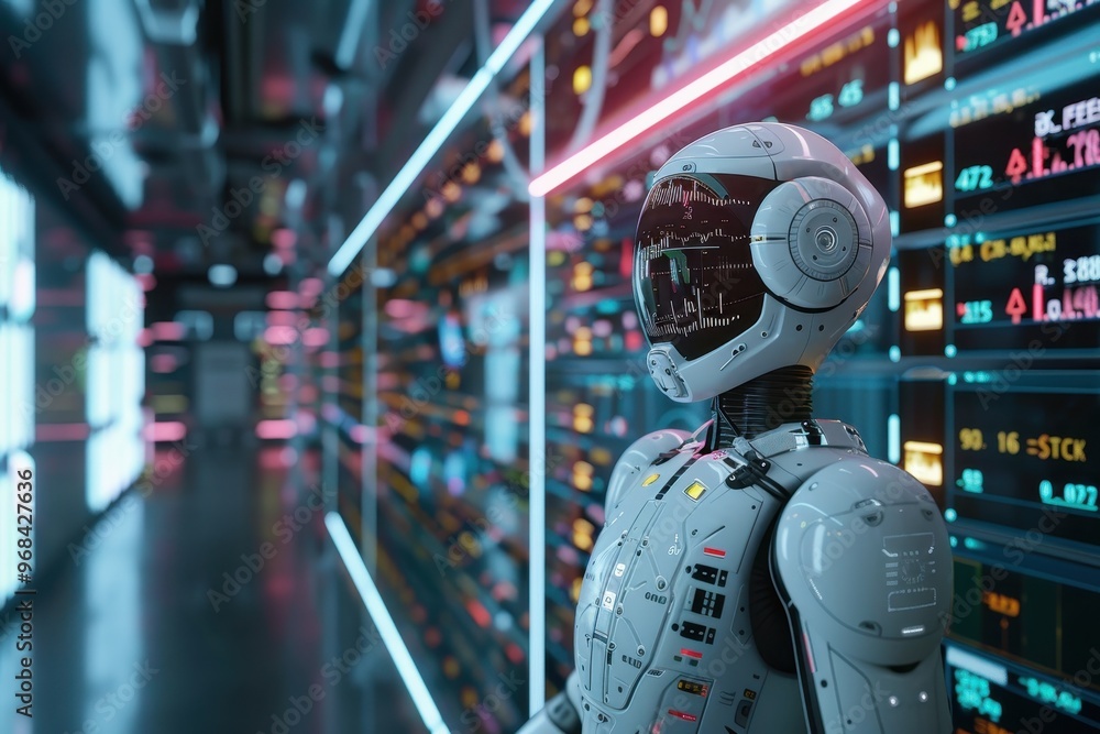 Poster a robot stands in front of a wall of monitors displaying stock prices