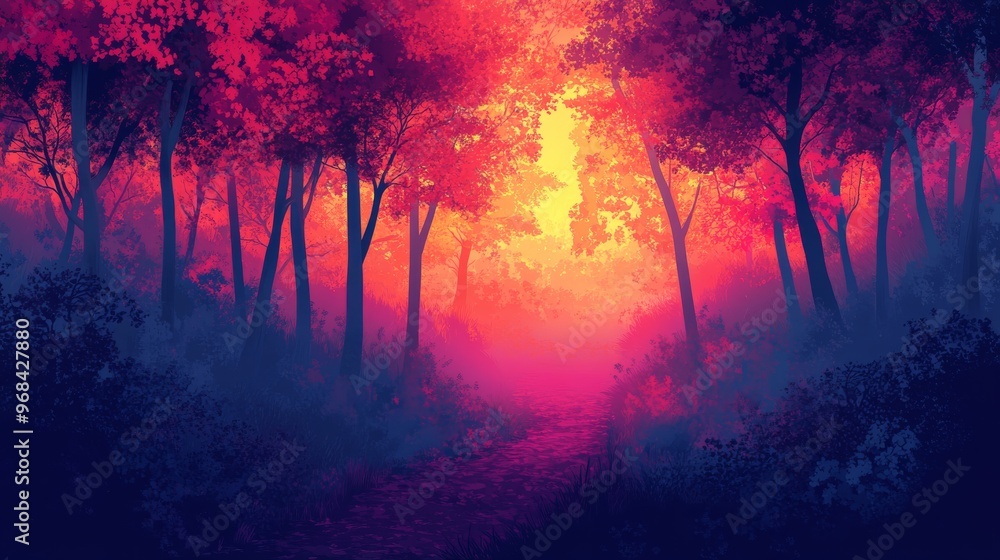 Poster a forest path illuminated by a sunset through the trees