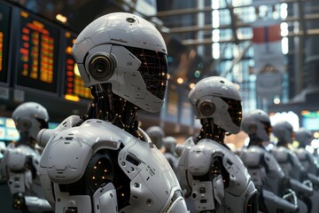 A group of robots stand in a line, all wearing white helmets