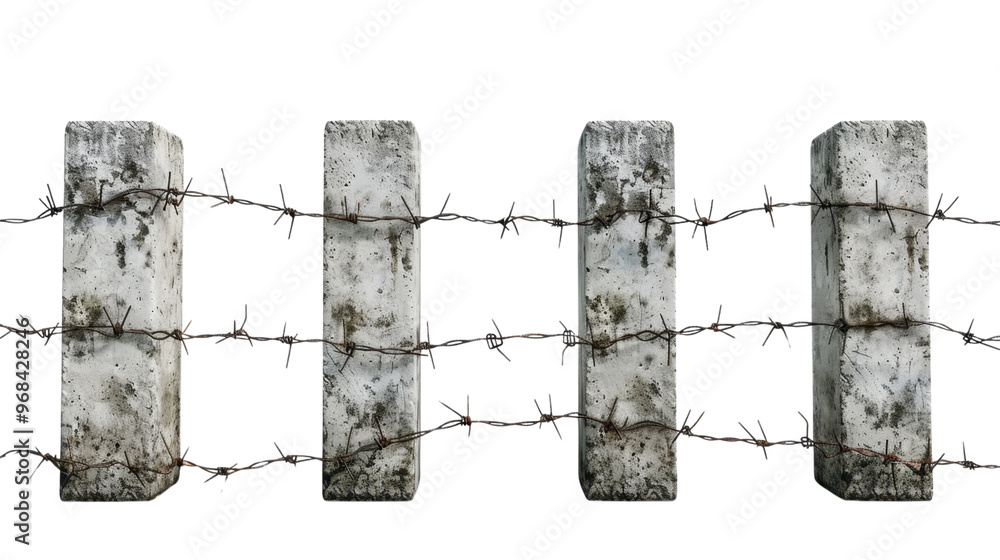 Wall mural barbed wire with concrete pillars on transparent background