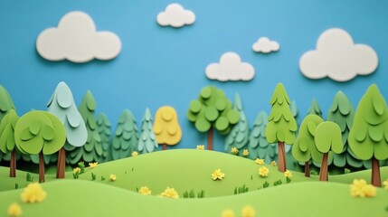 Fototapeta premium Empty 3D cartoon background for kids, colorful landscape, vibrant and playful setting