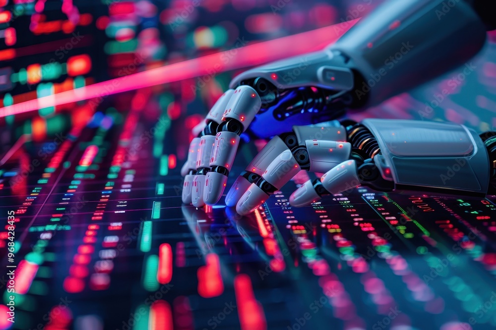 Aufkleber a robot is touching a computer screen with a blue hand