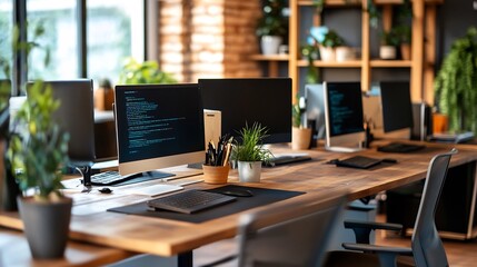 Modern office workspace with a computer monitor displaying code, a keyboard, a mouse, and plants.