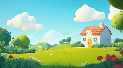 Fototapeta premium Empty 3D cartoon background for kids, colorful landscape, vibrant and playful setting