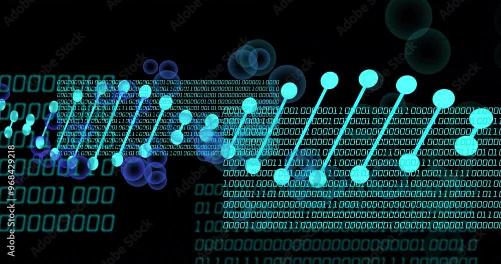 Poster animation of dna strand with bubbles over data processing on black background