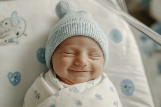 Newborn baby wearing a blue knitted hat, sleeping peacefully in a crib and smiling serenely