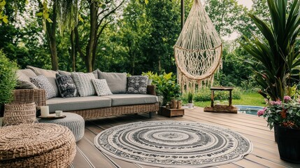 Obraz premium Cozy Outdoor Lounge Area with Tropical Foliage and Plush Furnishings