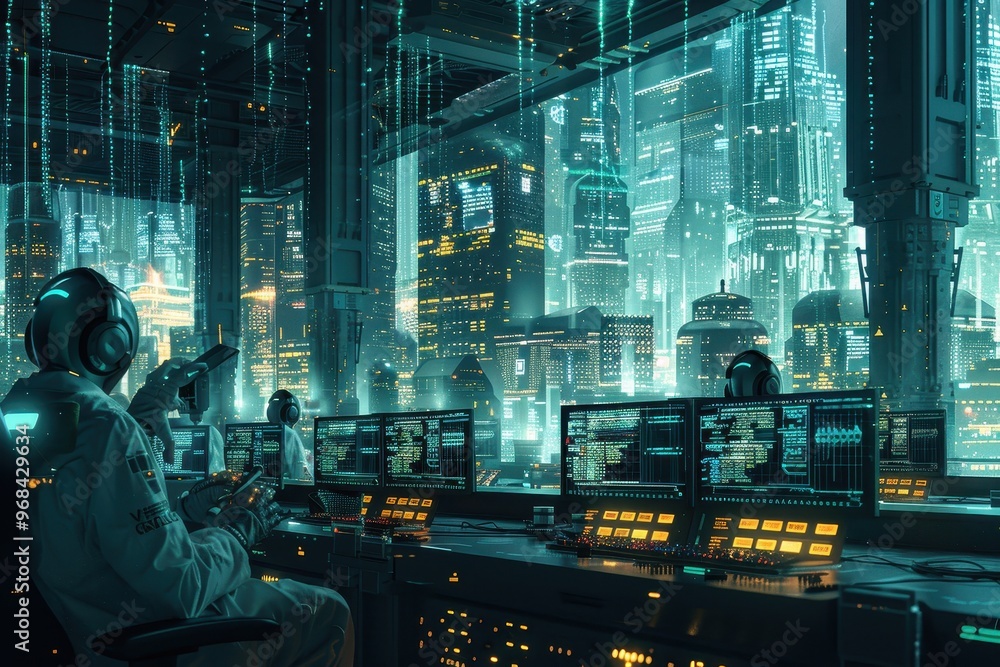 Poster a futuristic cityscape with people in spacesuits working on computers