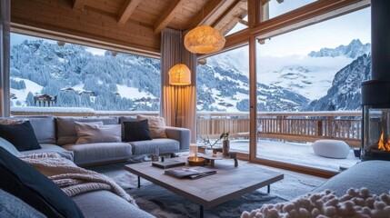 Fototapeta premium Cozy Wooden Chalet with Scenic Mountain View in Winter Landscape