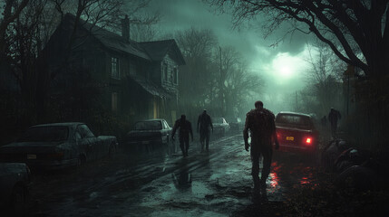 Undead slowly walking along a rain-soaked street at night, with distant thunder rumbling as their decayed forms move through the shadows.