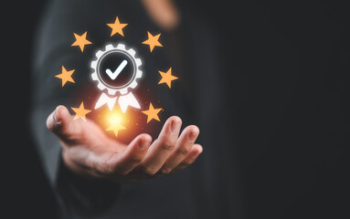 business people showing ideas warranty, international standard, ISO quality certification and...