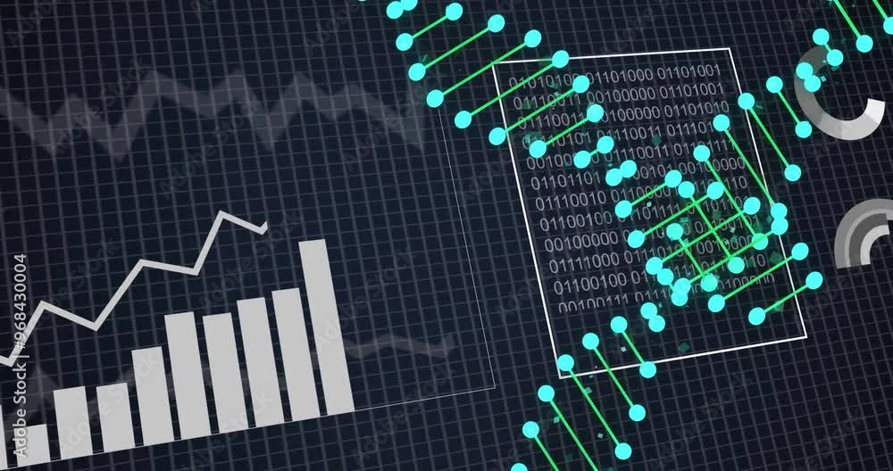 Poster animation of dna strands over data processing on black background