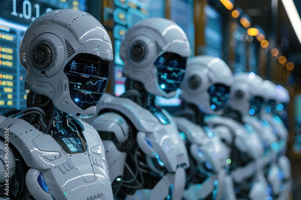 Poster a group of robots are standing in a line, all wearing the same white color