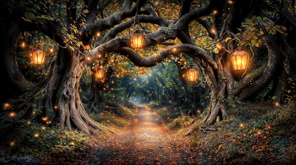 Still of a magical forest lined with glowing lanterns over a pathway, whimsical autumn fairy tale atmosphere, dreamy fantasy wood