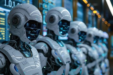 A group of robots are standing in a line, all wearing the same white color