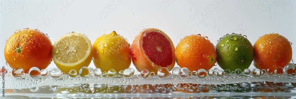 Poster Citrus fruits displayed on a surface with moisture droplets