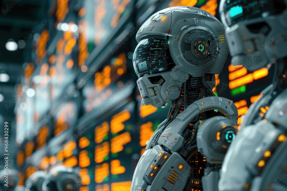 Poster a robot is standing in front of a wall of monitors