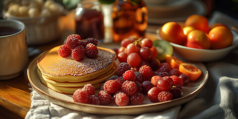 Surprise yourself with breakfast in bed. A tray of pancakes, fresh fruit, and sunlight streaming through the window.