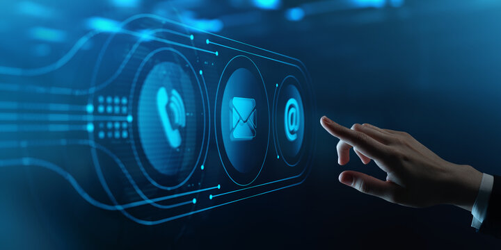 Support concept. Human Hand Touching Futuristic Virtual Screen with Contact us Customer hotline icon