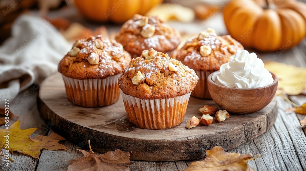 Wall mural delightful autumn pumpkin muffins with whipped cream