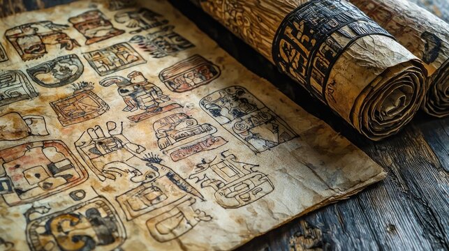 Ancient Mayan codex hieroglyphs on bark paper