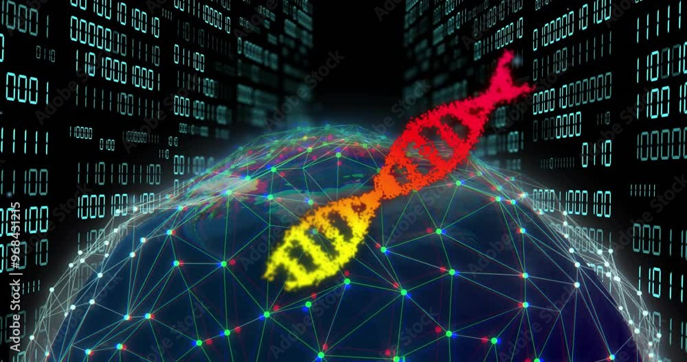 Poster animation of dna strands over globe of connections and data processing on black background