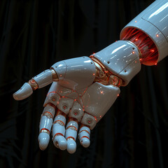 Elegant futuristic white robot hand with dark background.