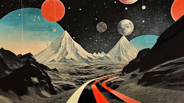 Surreal landscape with mountains and planets in the sky, otherworldly scene
