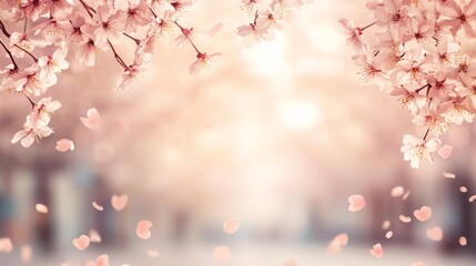 Fototapeta premium Delicate pink cherry blossom petals softly fall against a dreamy, blurred backdrop.