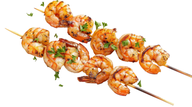 Grilled shrimp skewer on transparent background