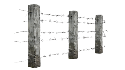 Barbed wire with concrete pillars on transparent background