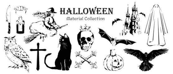 ハロウィン, ハロウィン素材, ハロウィンベクター, モノクロ, 白黒, 手描き, ベクター, 素材集, イラスト © surface Change