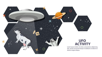 UFO kidnaps an animal cow against the background of space in the form of honeycombs flat childrens doodles