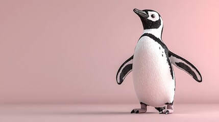 Fototapeta premium A 3D penguin waddling with a soft pastel background on the right, symbolizing the charming residents of zoo exhibits