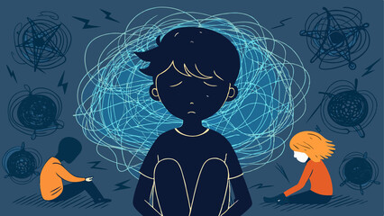 Children sitting silently, illustrating anxiety and tension in childhood friendships, minimalistic depiction of emotional struggles and social anxiety in kids.