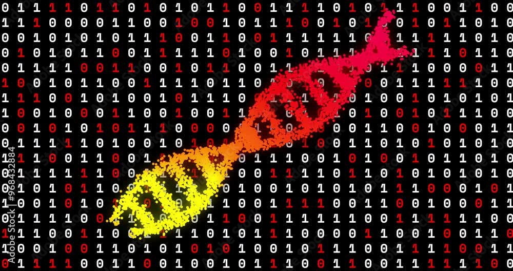 Poster animation of dna strand over data processing on black background