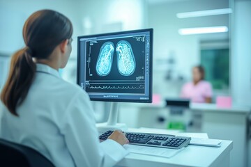 Doctor analyzing a mammogram on a computer screen, looking for signs of breast cancer