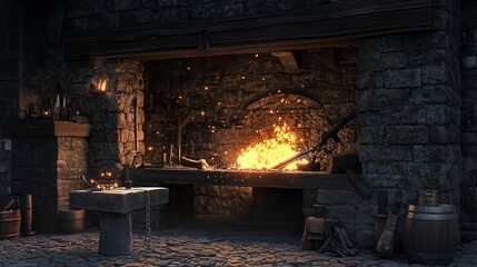 A medieval blacksmith forging iron tools near a roaring fire in a stone-walled workshop during twilight hours