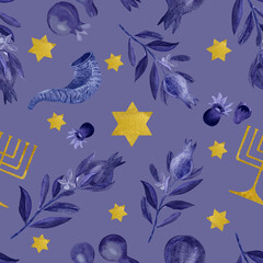 Rosh Hashanah, Hanukkah watercolor seamless pattern on purple background. Festive dark blue gold menorah pomegranates, star shofar elements great for textile, wrapping paper. Jewish tradition clipart