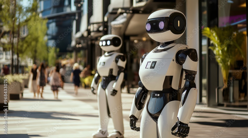 Aufkleber two humanoid robots standing in front of a modern building with blurred people in the background.