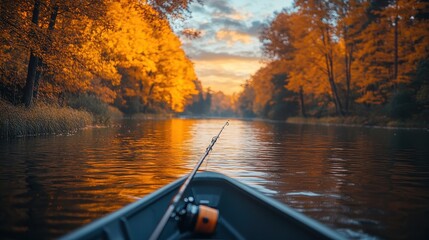 Obraz premium Fishing Rod with Reel Against Autumn Landscape at Sunset – Close-Up from Boat with Space for Text
