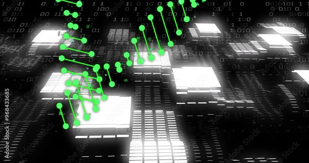 Poster animation of dna strands over data processing and shapes on black background