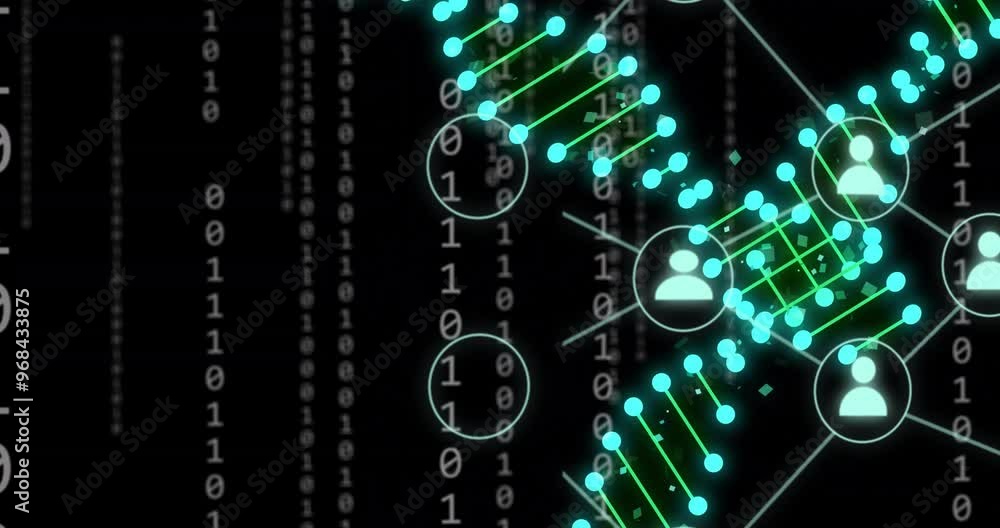 Poster animation of dna strands and newtork of connections over data processing on black background