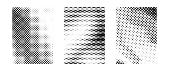 Black and white grunge halftone gradient set. Gritty sand noise texture collection. Retro dotted pixel backdrop pack. Comic polka dot overlay with raster effect for banner, poster, flyer. Vector