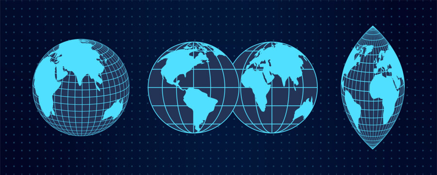 Geometric 3D wireframe spheres with grid lines and digital mesh. Global abstract planet shapes with blue latitude and longitude patterns. Futuristic y2k cyberpunk style.