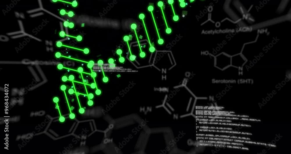 Poster animation of dna strands over data processing and chemical formula on black background